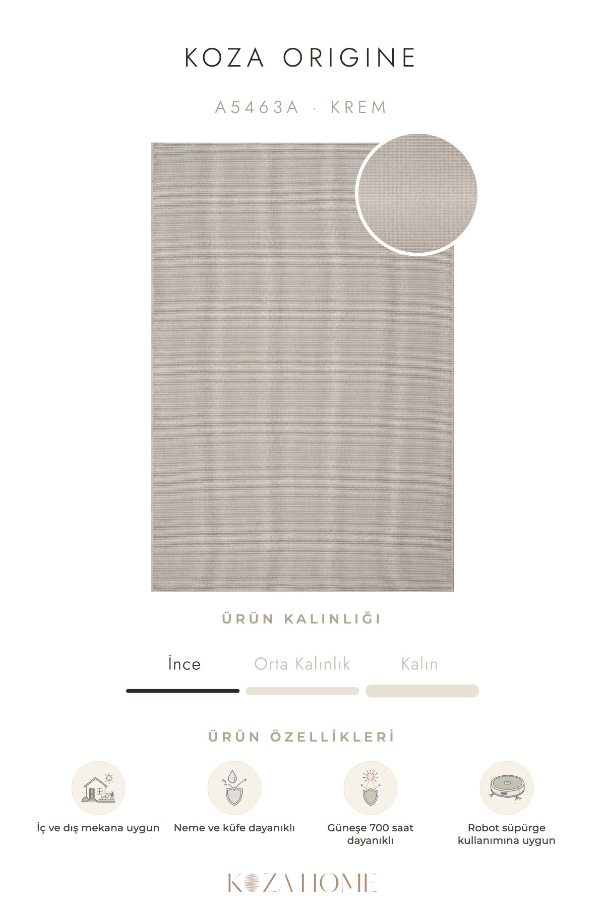 Koza Origine Krem Düz Dokuma Balkon Teras Bahçe Halısı A5463A