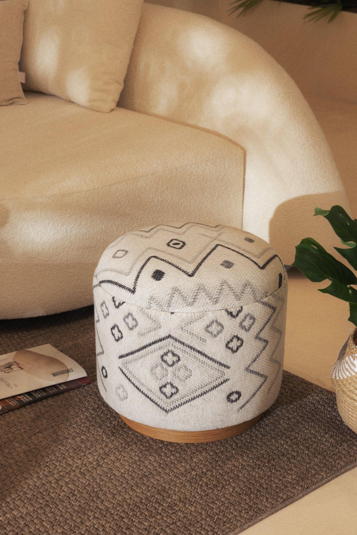 Bliss Grey Ethnic Patterned Cream Pouffe 45 X H 42 Cm 4280