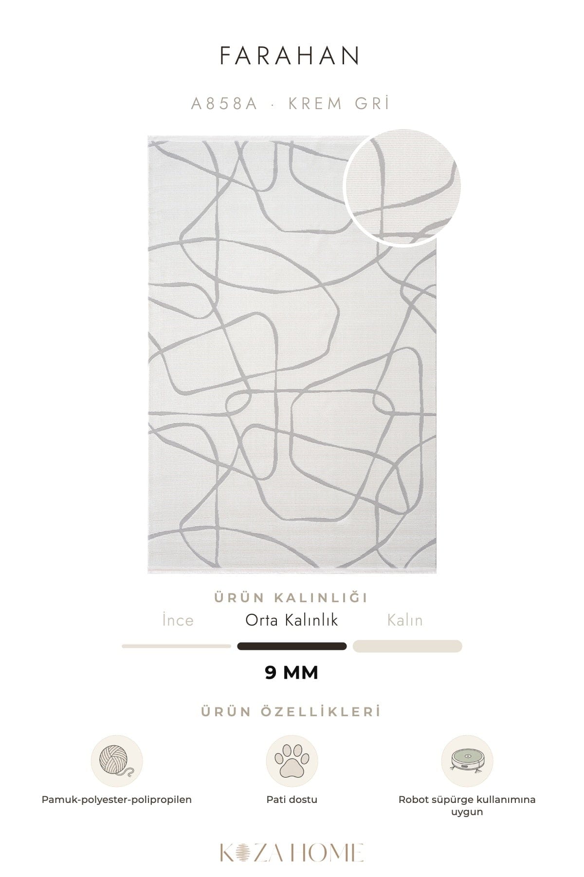 Farahan Krem Gri Geometrik Desenli Halı A0858A