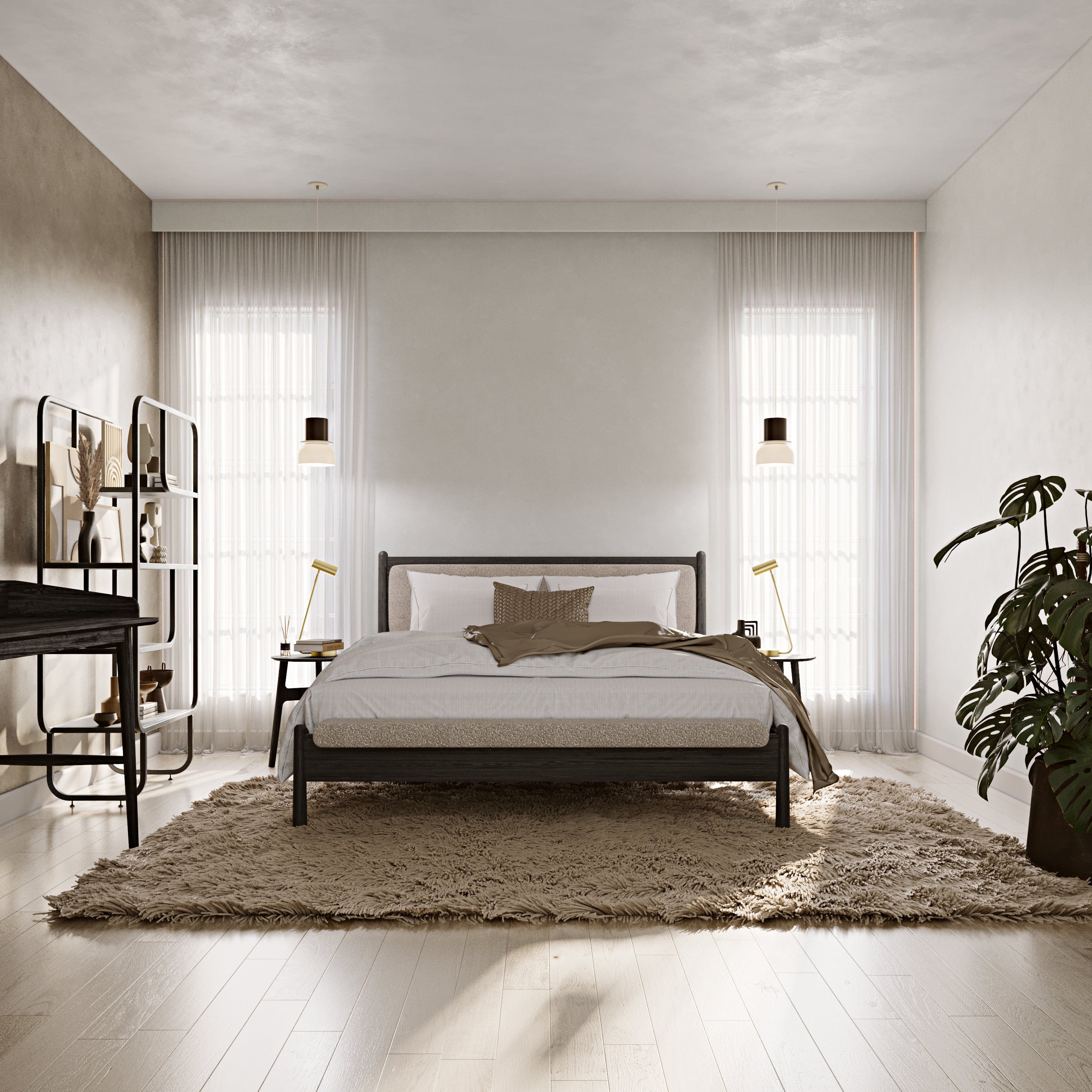 Finn Siyah Karyola 160x200 Bukle Keten