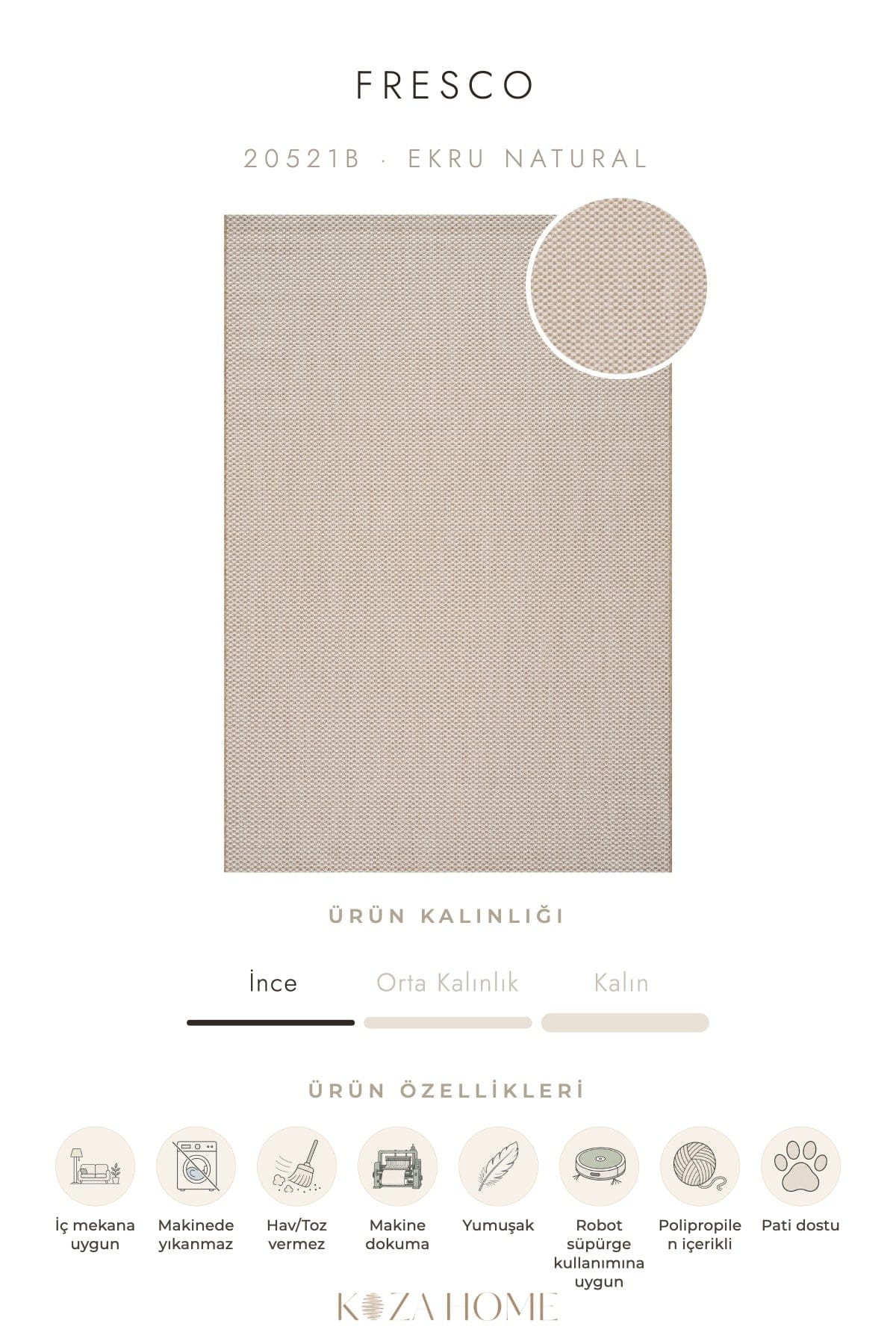 Fresco Ekru Natural Yıkanabilir Halı 20521B