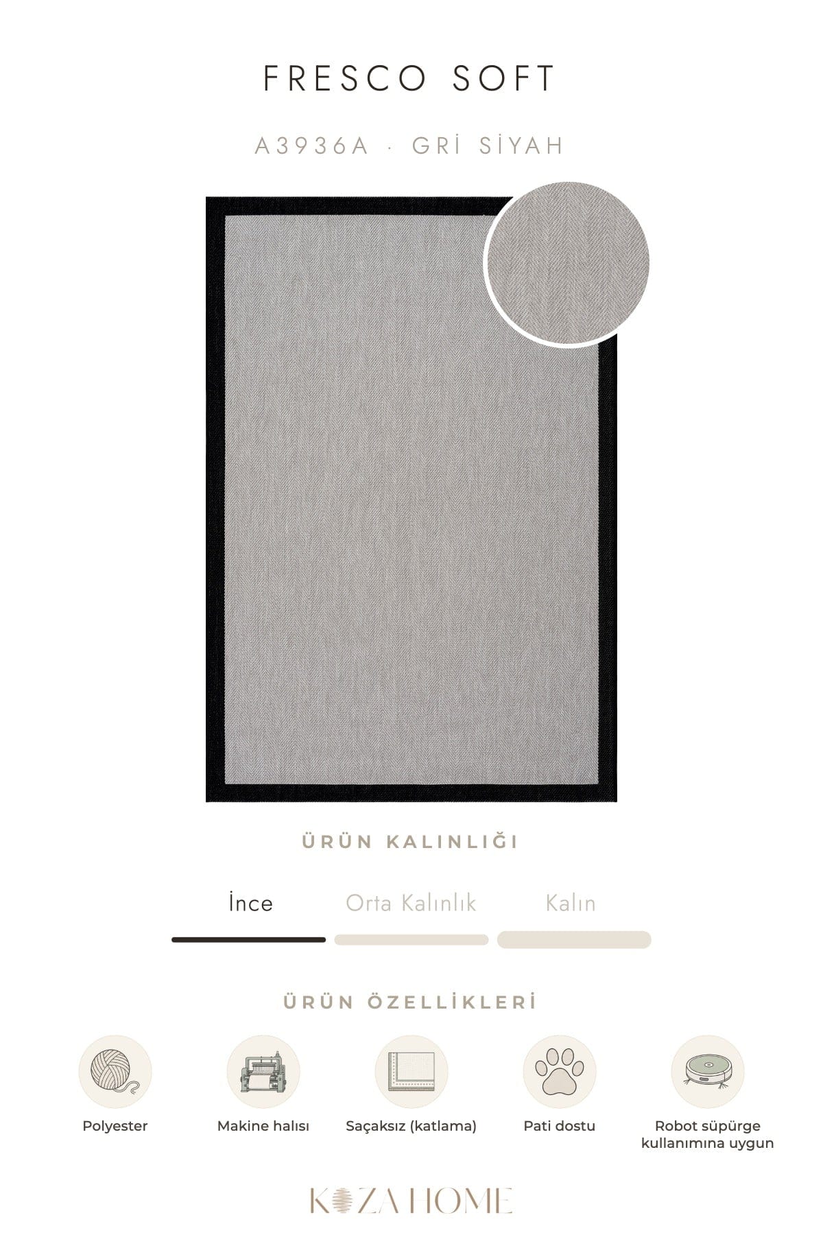 Fresco Soft Grey Black Washable Rug A3936A