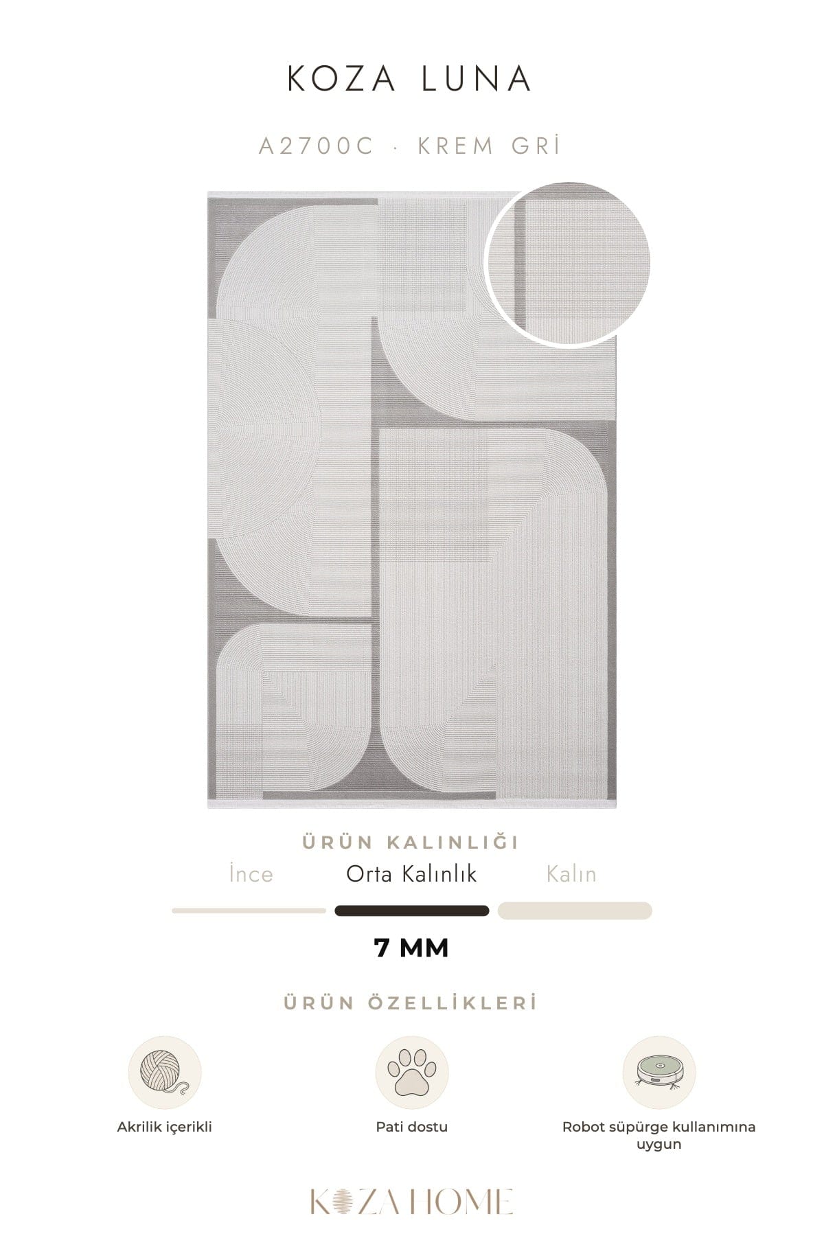 Koza Luna Cream Grey Living Room Rug A2700C