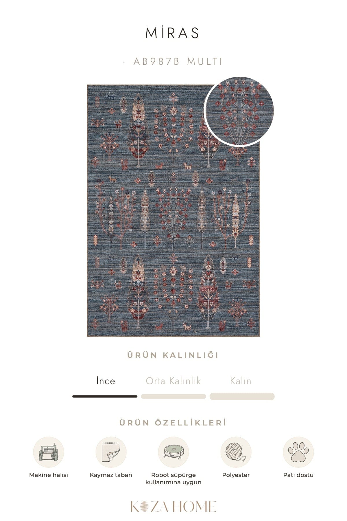 Koza Miras Yıkanabilir Pamuk Kaymaz Taban Şönil Multi Halı AB987B