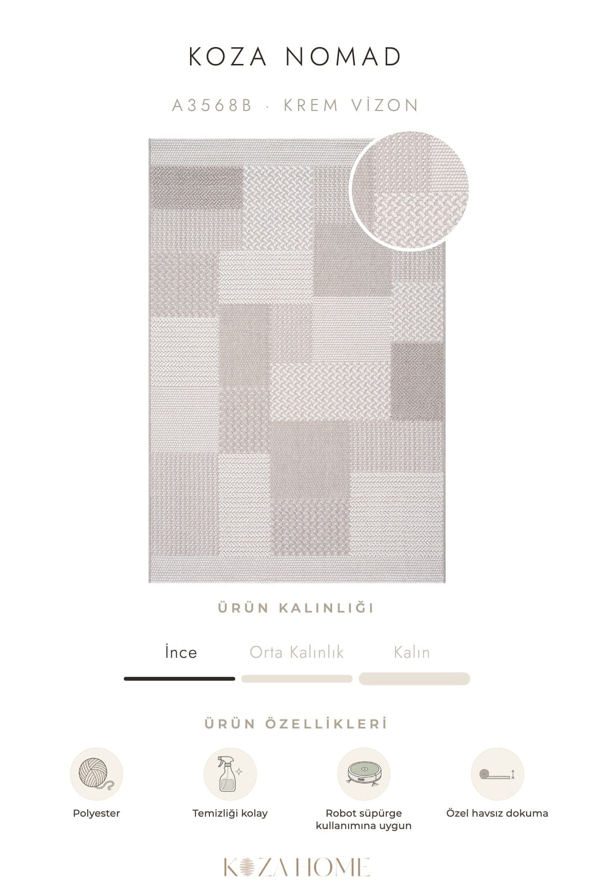 Koza Nomad Krem Vizon Havsız Salon Halısı A3568B