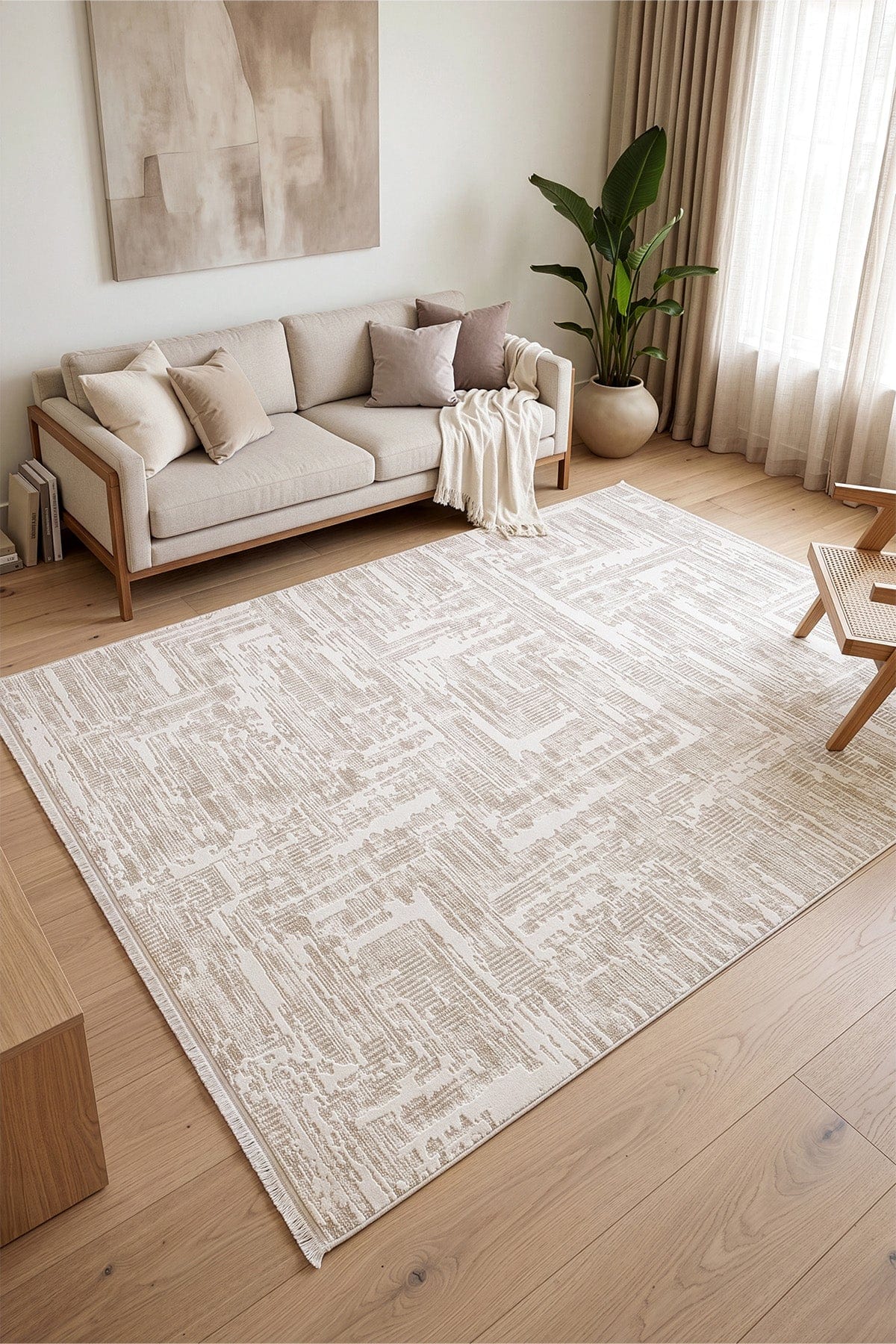 Koza Vista Krem Bej Çizgisel Salon Halısı A5126A