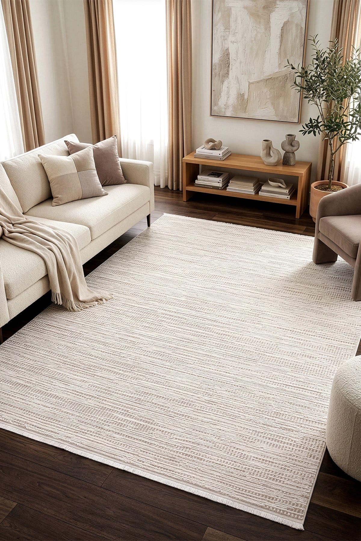 Koza Vista Krem Bej Çizgisel Salon Halısı A5151A