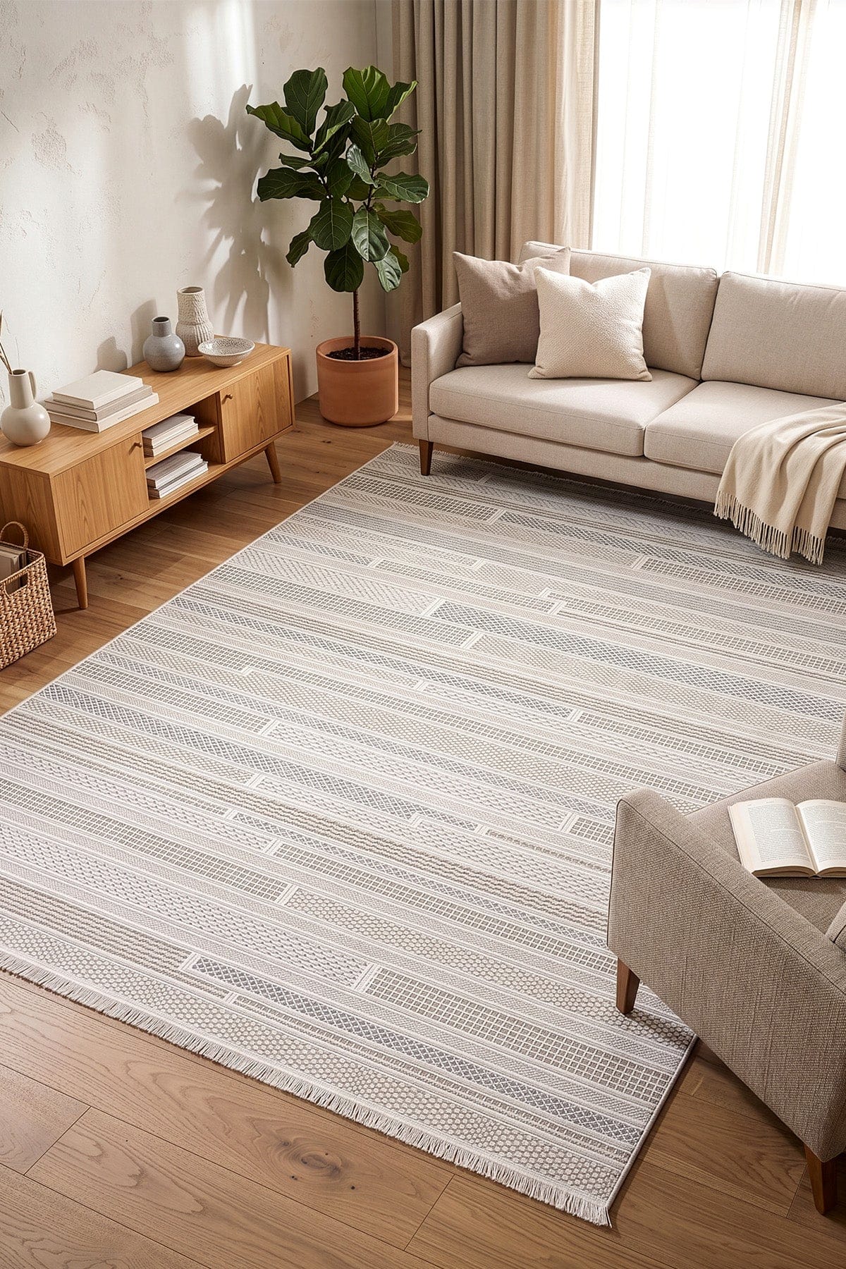 Koza Vista Vizon Gri Çizgisel Salon Halısı A5189D