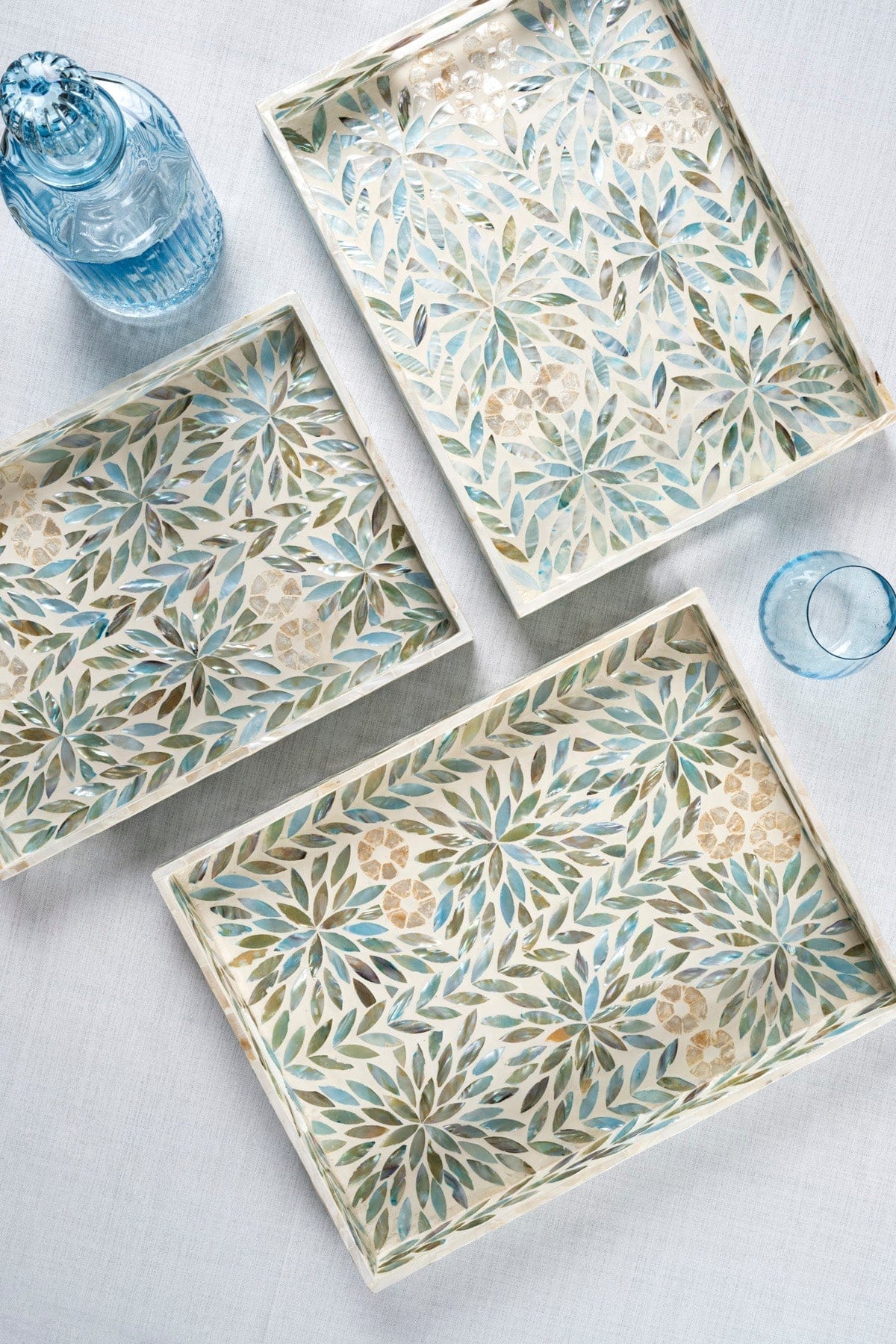 Meander Sedefli Mozaik Çiçekli Multi 3 Lü Dekoratif Tepsi 4327