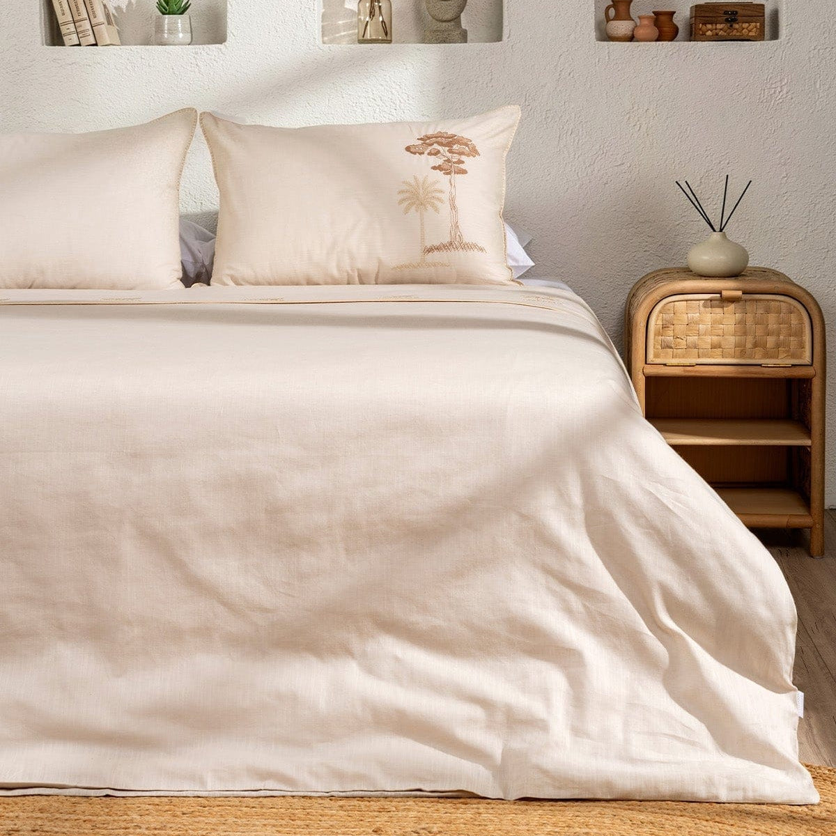 Palm Beige Double Embroidered Linen Duvet Cover Set 2503