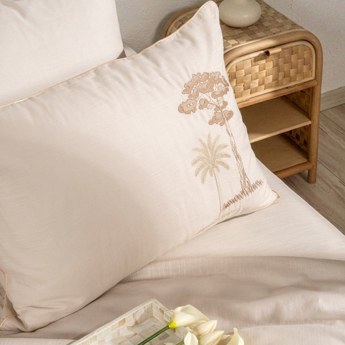 Palm Beige Double Embroidered Linen Duvet Cover Set 2503