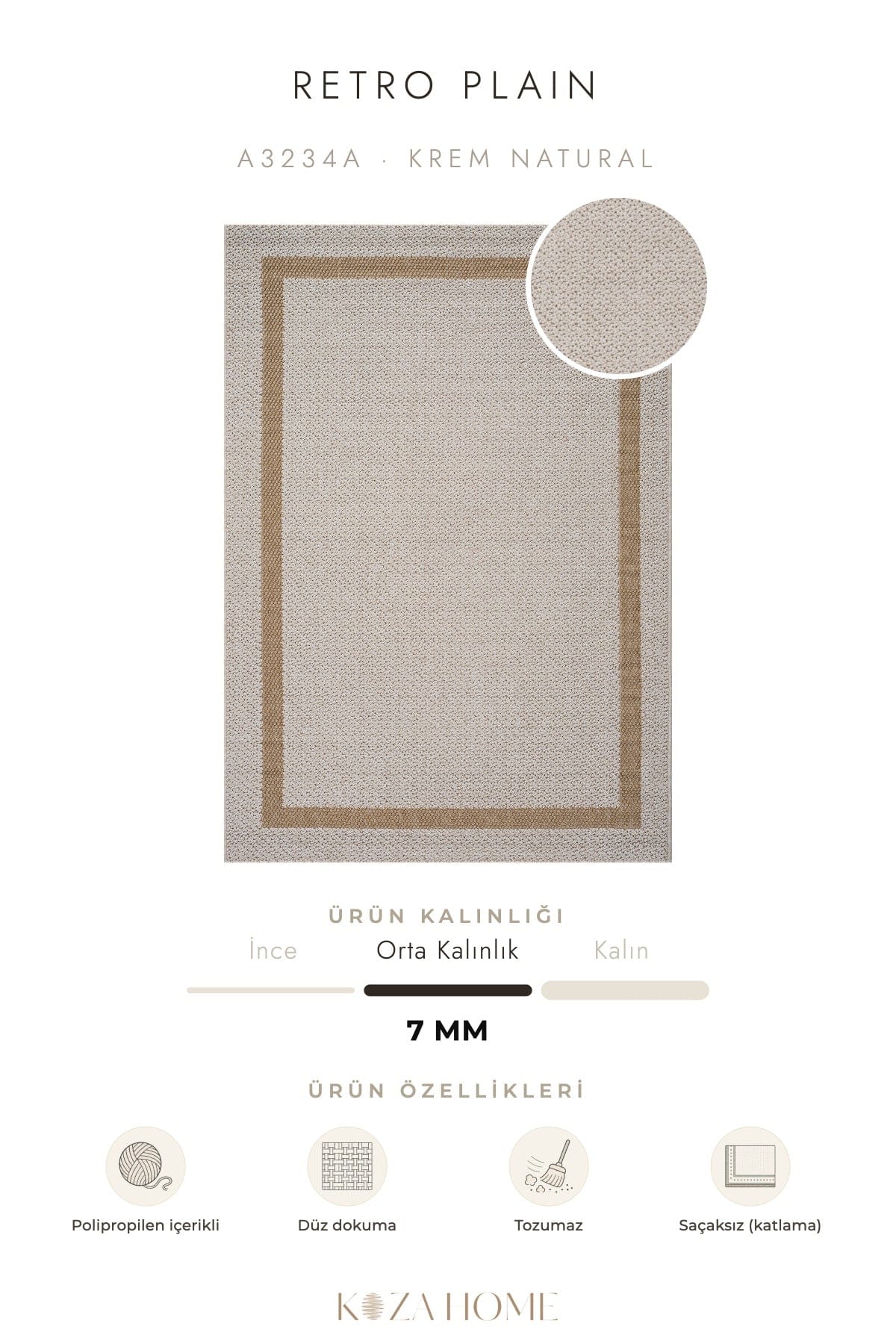 Retro Plain Cream Natural Bordered Rug A3234A