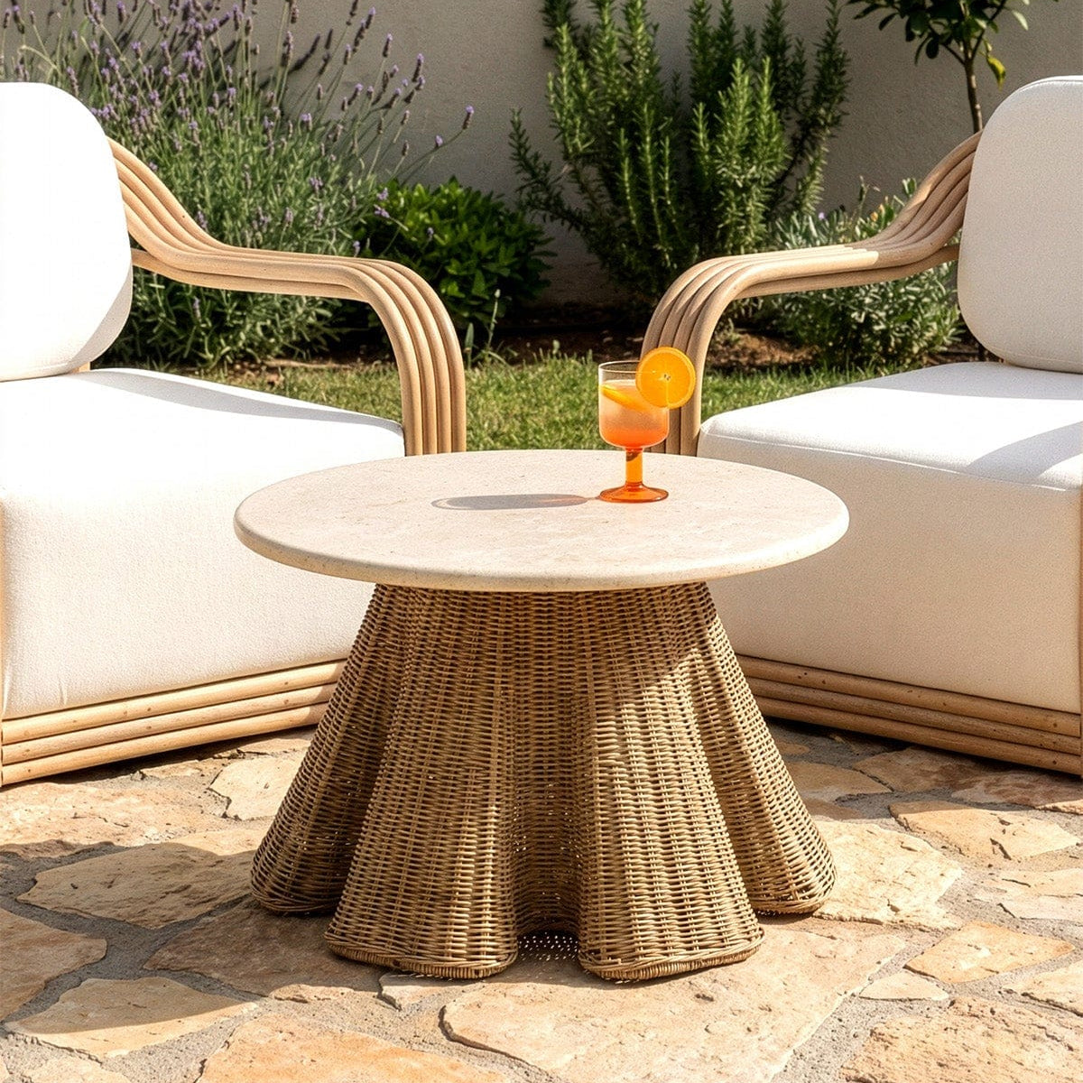 Savia Marble Table with Iron and Rattan Woven Legs 70 cm 10116