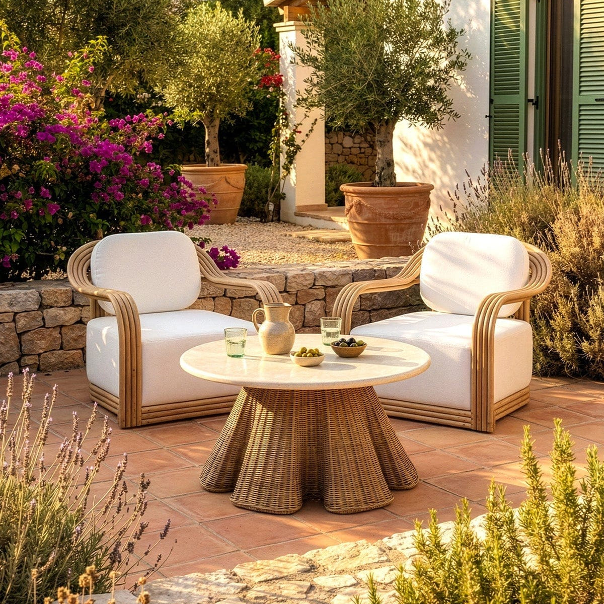 Savia Demir ve Rattan Örme Ayaklı Mermer Masa 120cm 10119