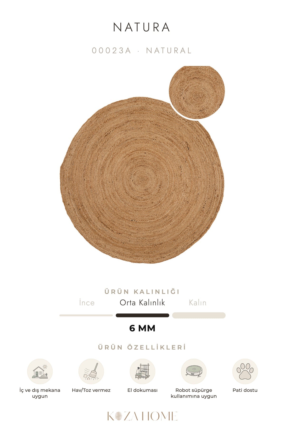 Natura El Dokuma Jüt Bohem Tarz Otantik Salon Oturma Odası Koridor Yatak Odası Natural Halı 00023A