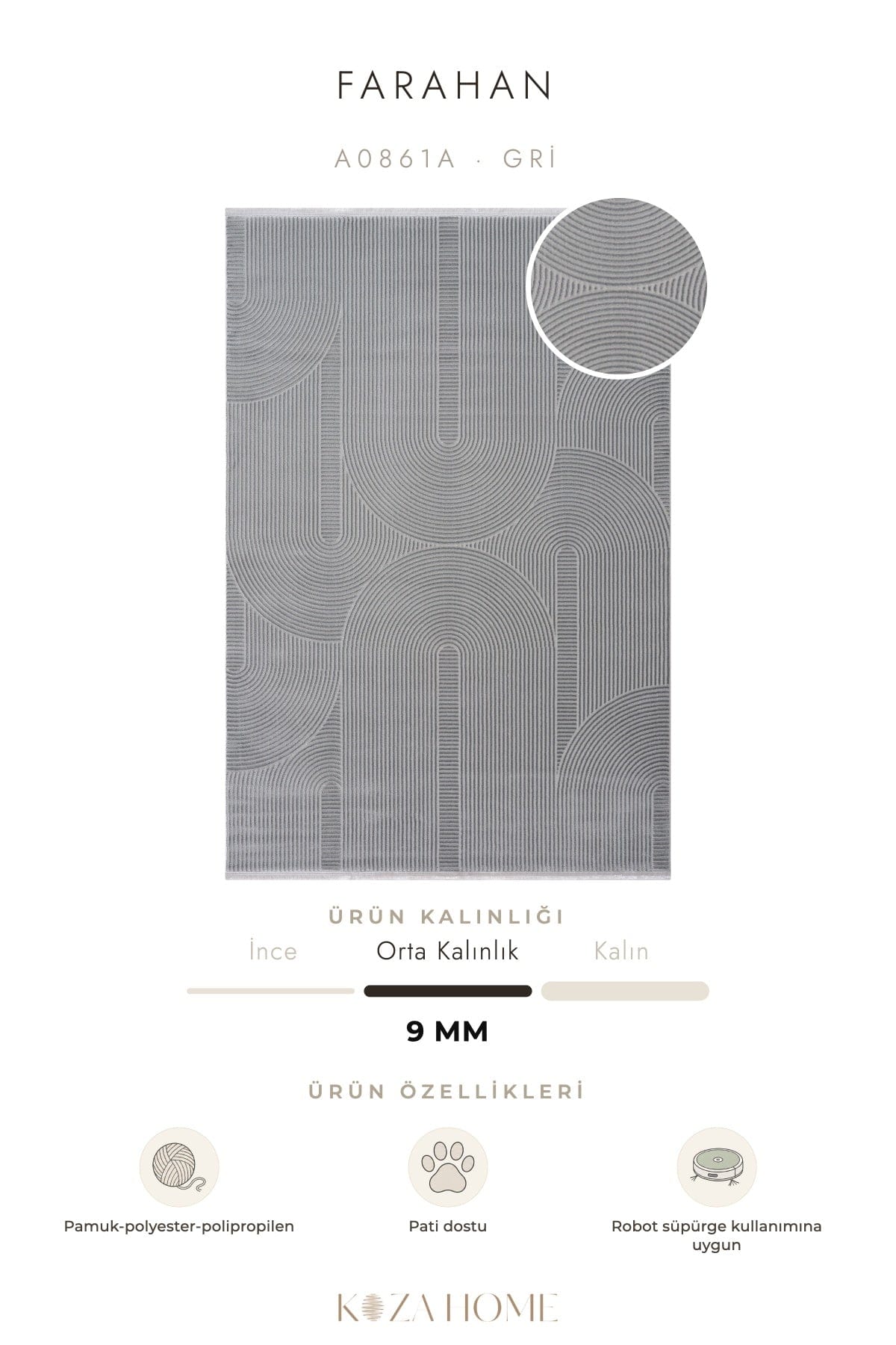 Farahan Gri  Geometrik Desenli Halı A0861A