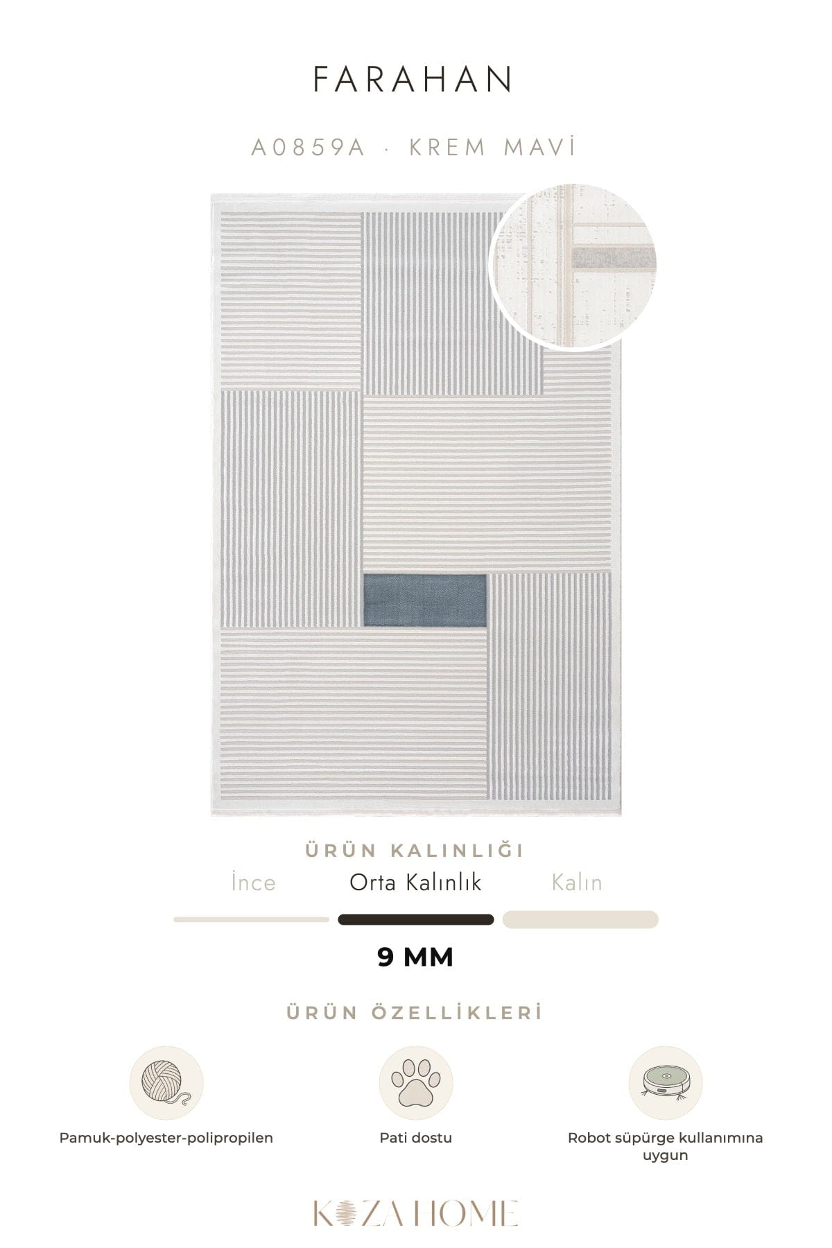 Farahan Krem Mavi  Geometrik Desenli Halı A0859A