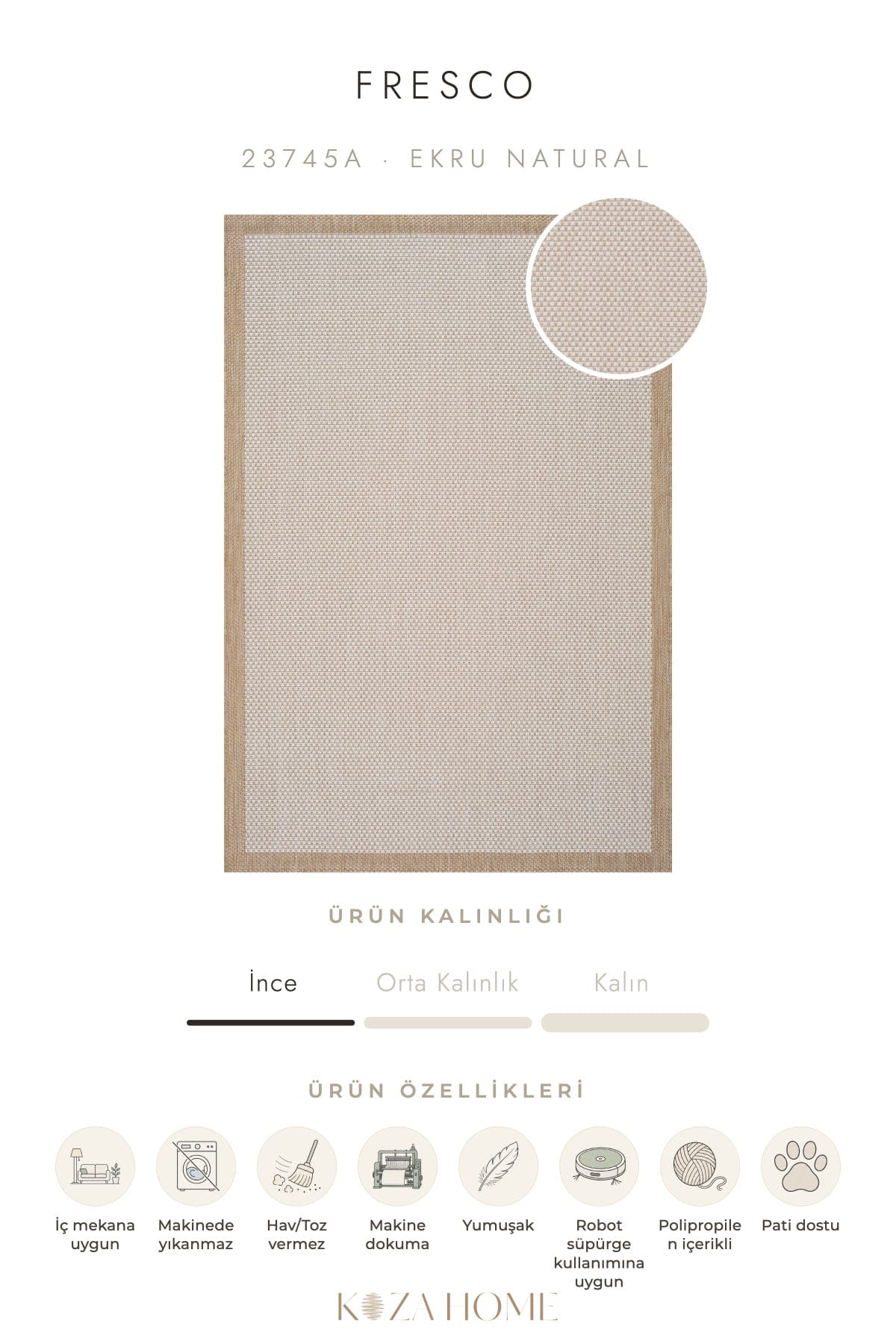 Fresco Ekru Natural Yıkanabilir Halı 23745A