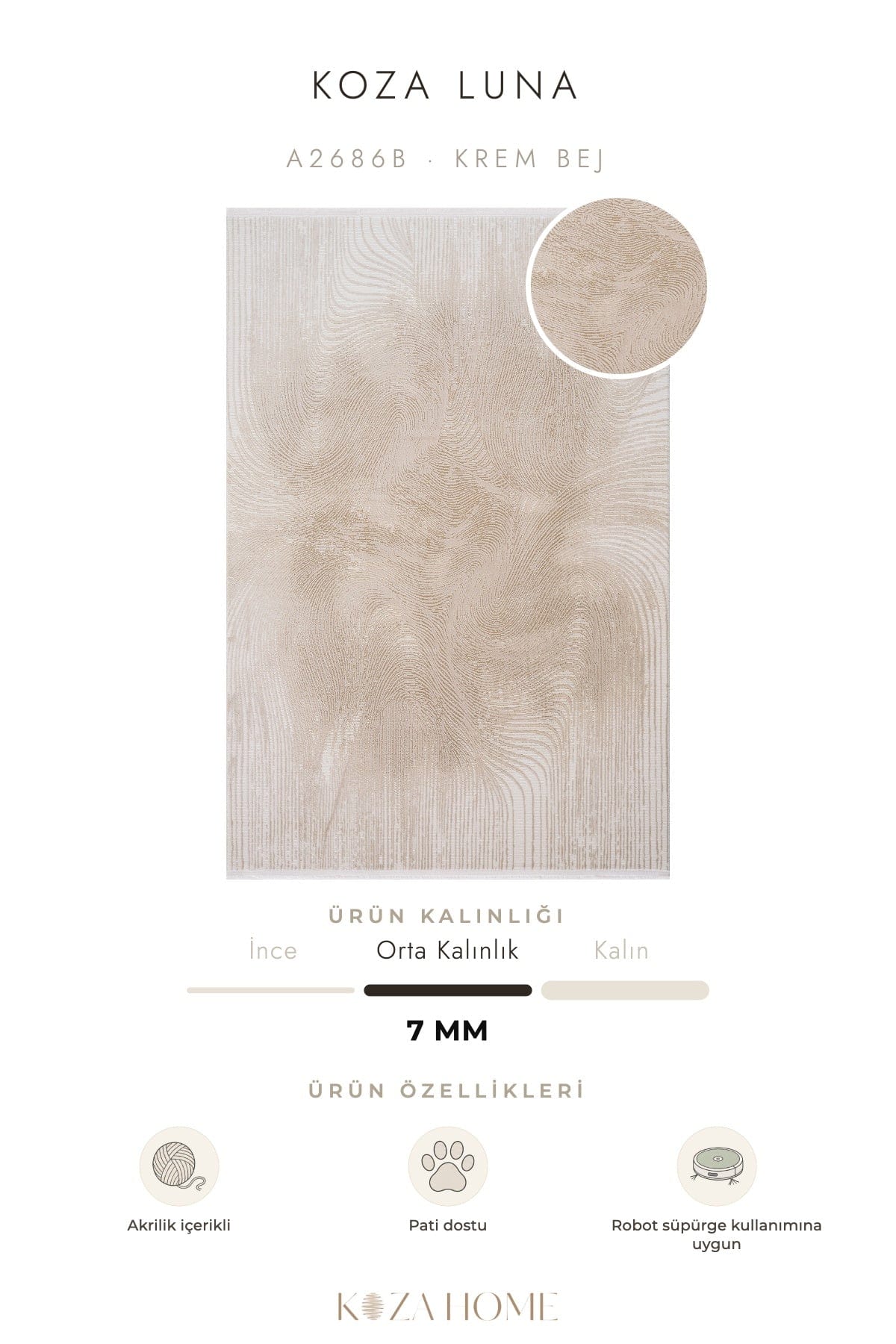 Koza Luna Krem Bej Çizgisel Salon Halısı A2686B