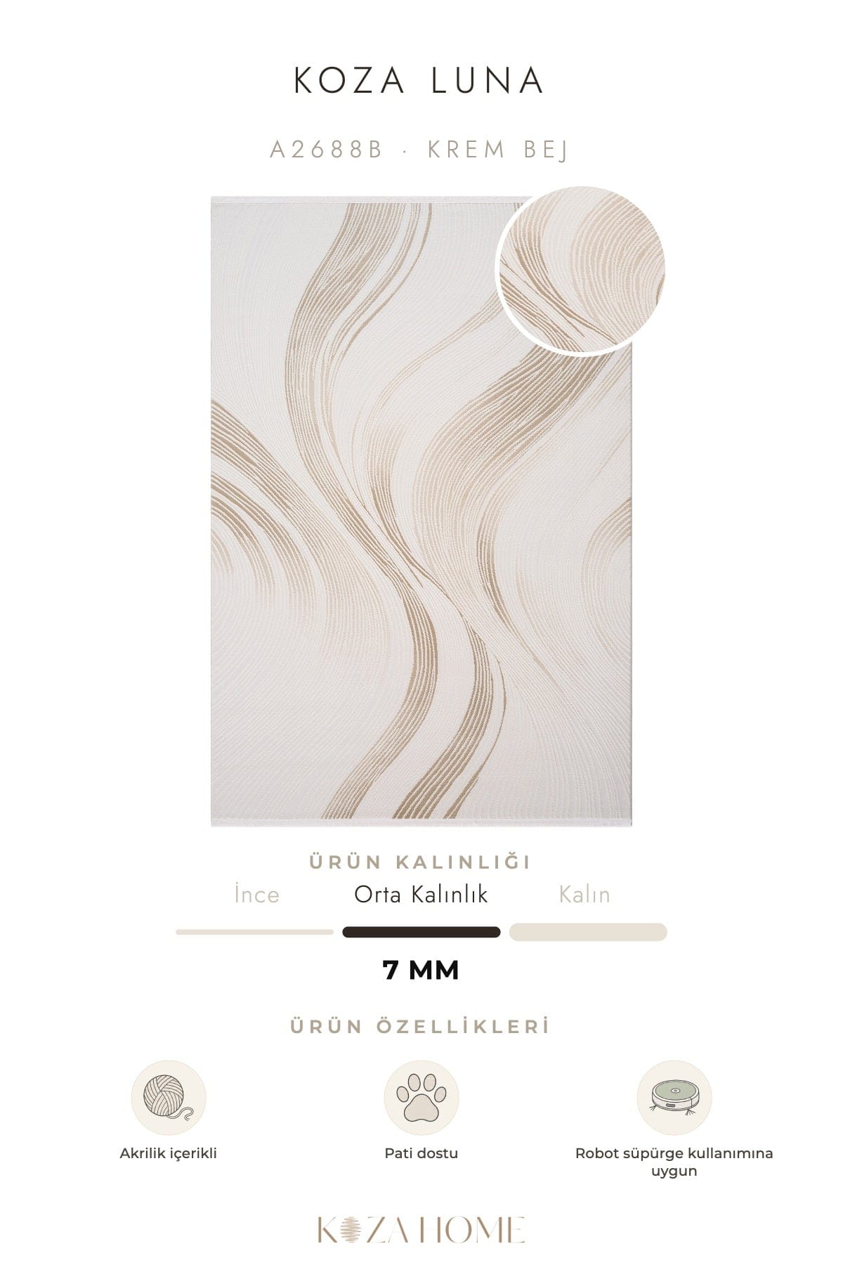 Koza Luna Krem Bej Çizgisel Salon Halısı A2688B