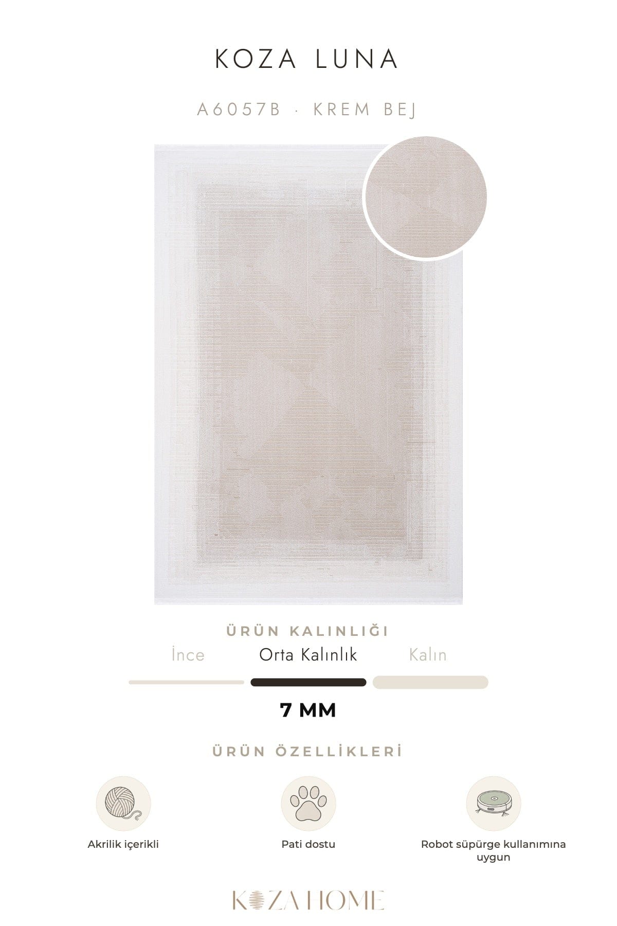 Koza Luna Krem Bej Çizgisel Salon Halısı A6057B