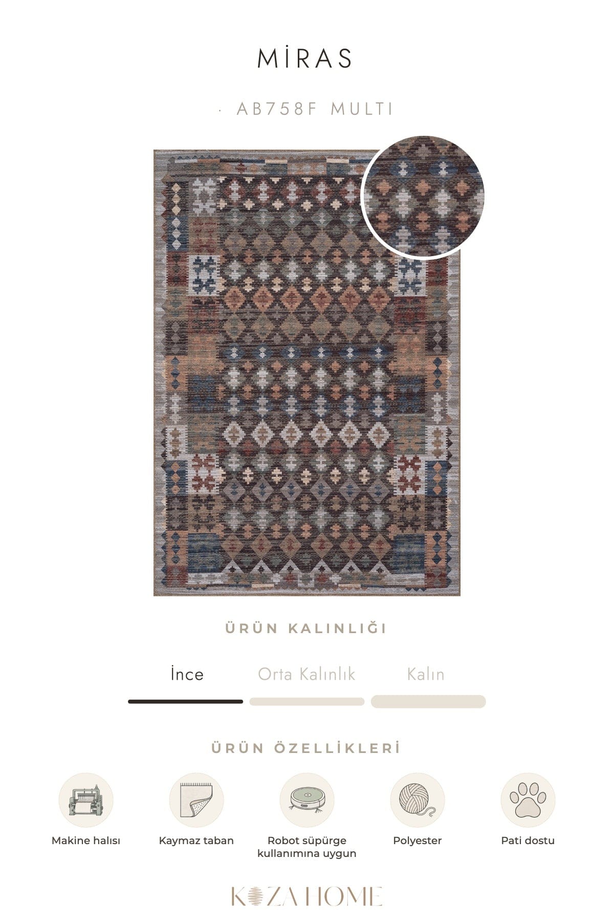 Koza Miras Yıkanabilir Pamuk Kaymaz Taban Şönil Multi Halı AB758F