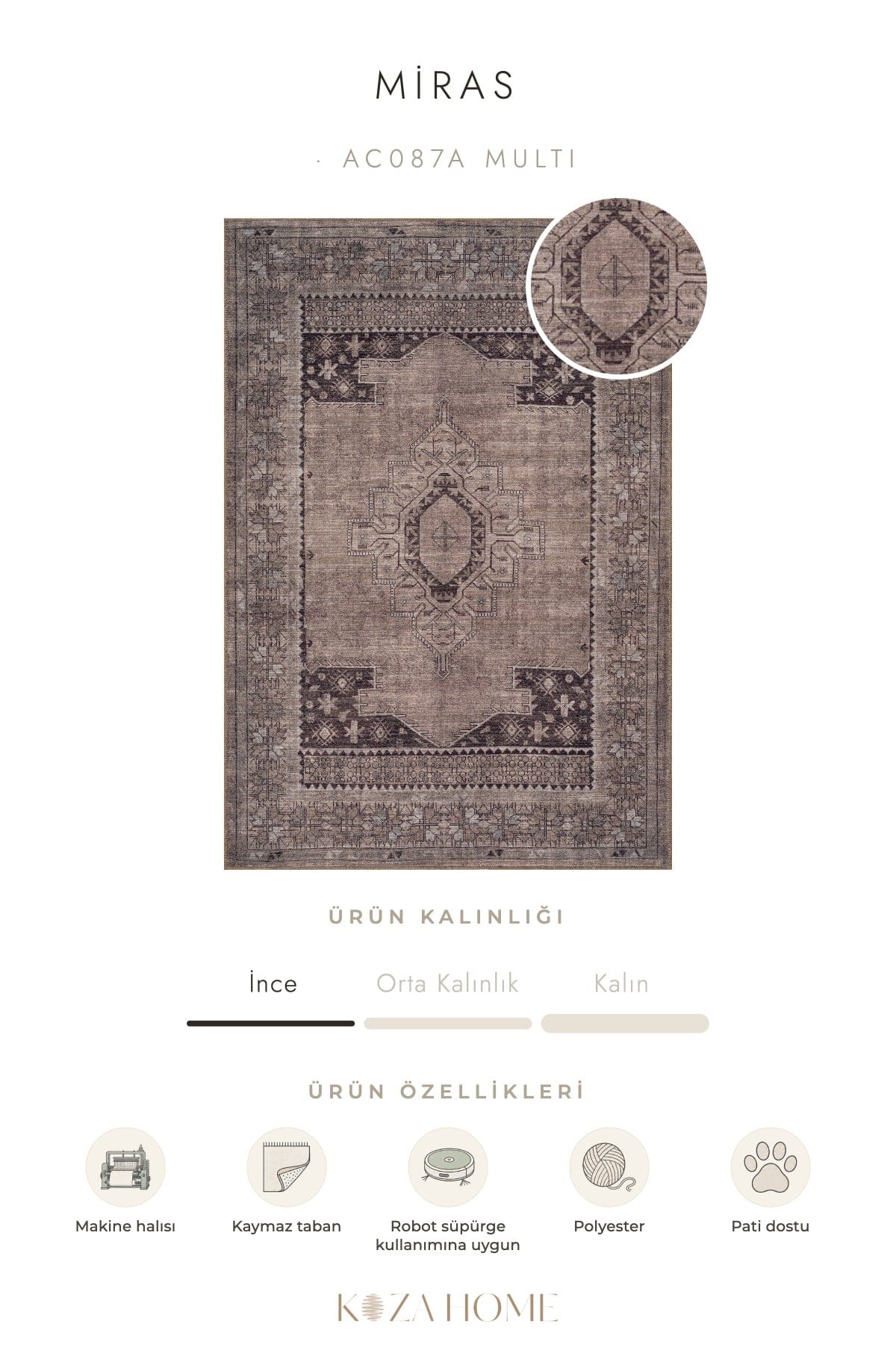 Koza Miras Yıkanabilir Pamuk  Kaymaz Taban Şönil Multi Halı AC087A