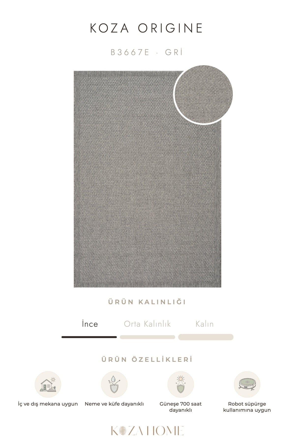Koza Origine Gri Düz Dokuma Balkon Teras Bahçe Halısı B3667E