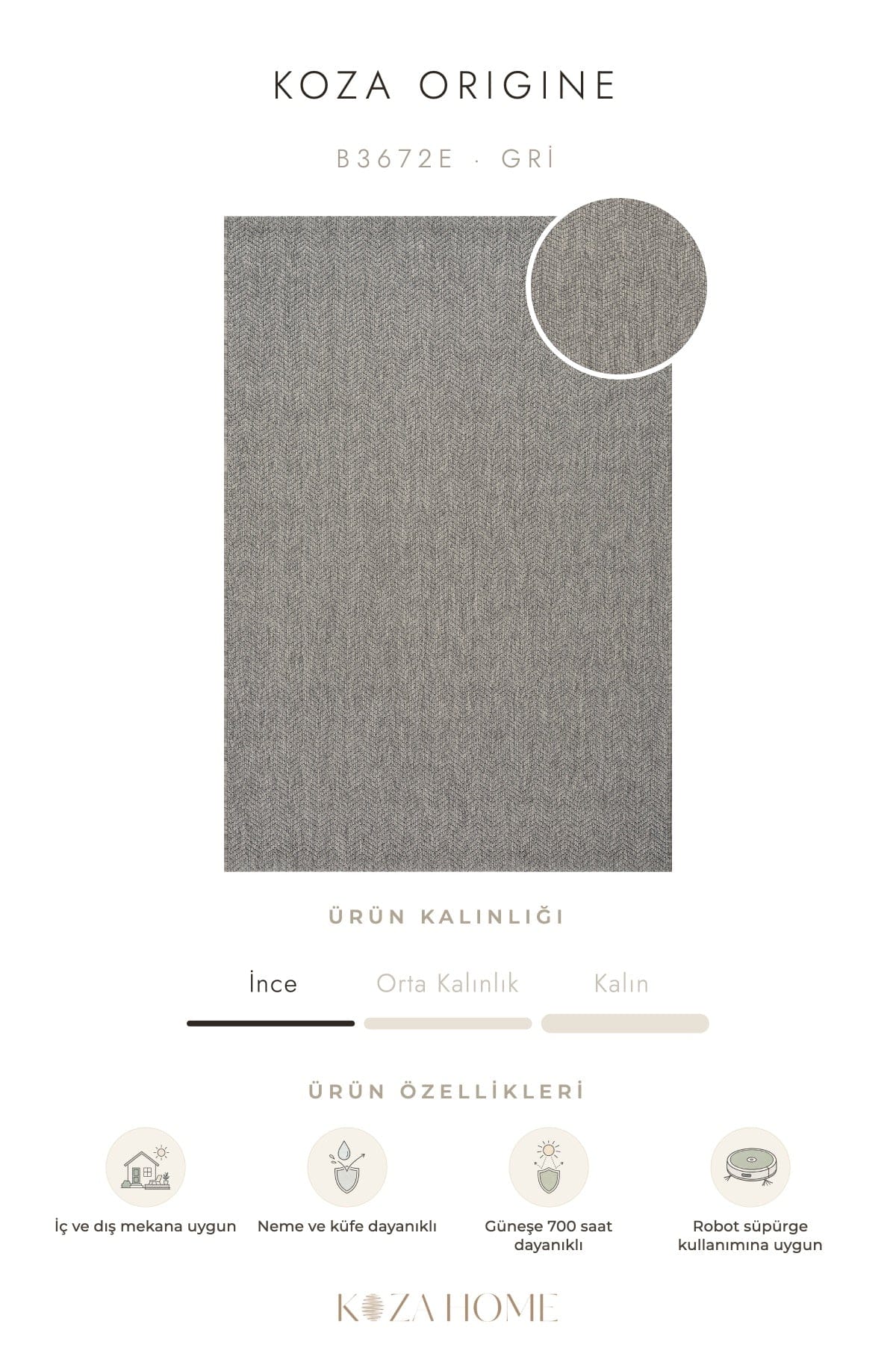 Koza Origine Gri Düz Dokuma Balkon Teras Bahçe Halısı B3672E