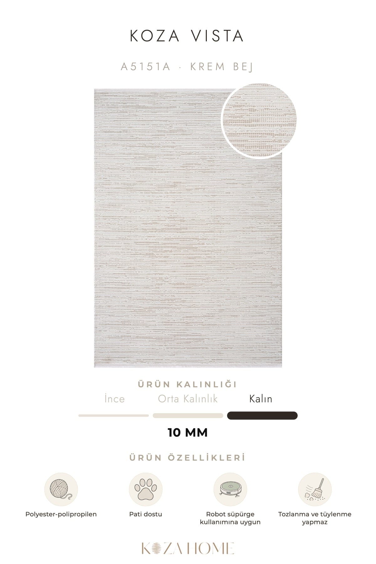 Koza Vista Krem Bej Çizgisel Salon Halısı A5151A