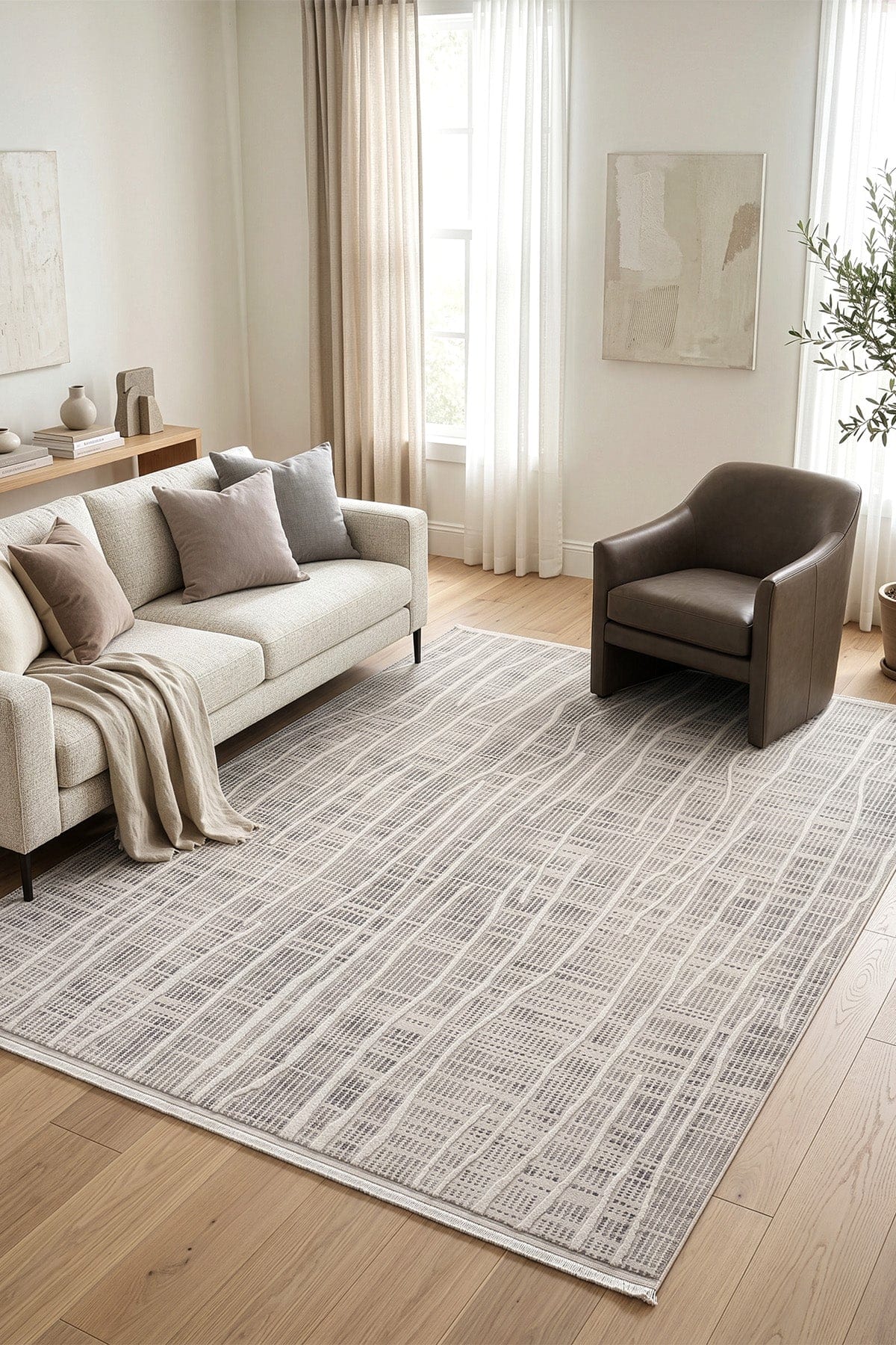 Koza Vista Krem Gri Çizgisel Salon Halısı A5154C