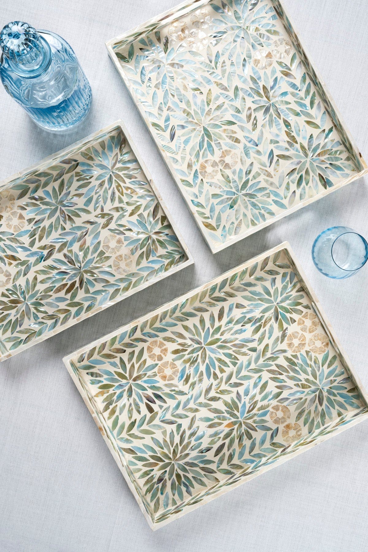 Meander Mother-of-Pearl Mosaic Floral Multi 3-Piece Decorative Tray 4327