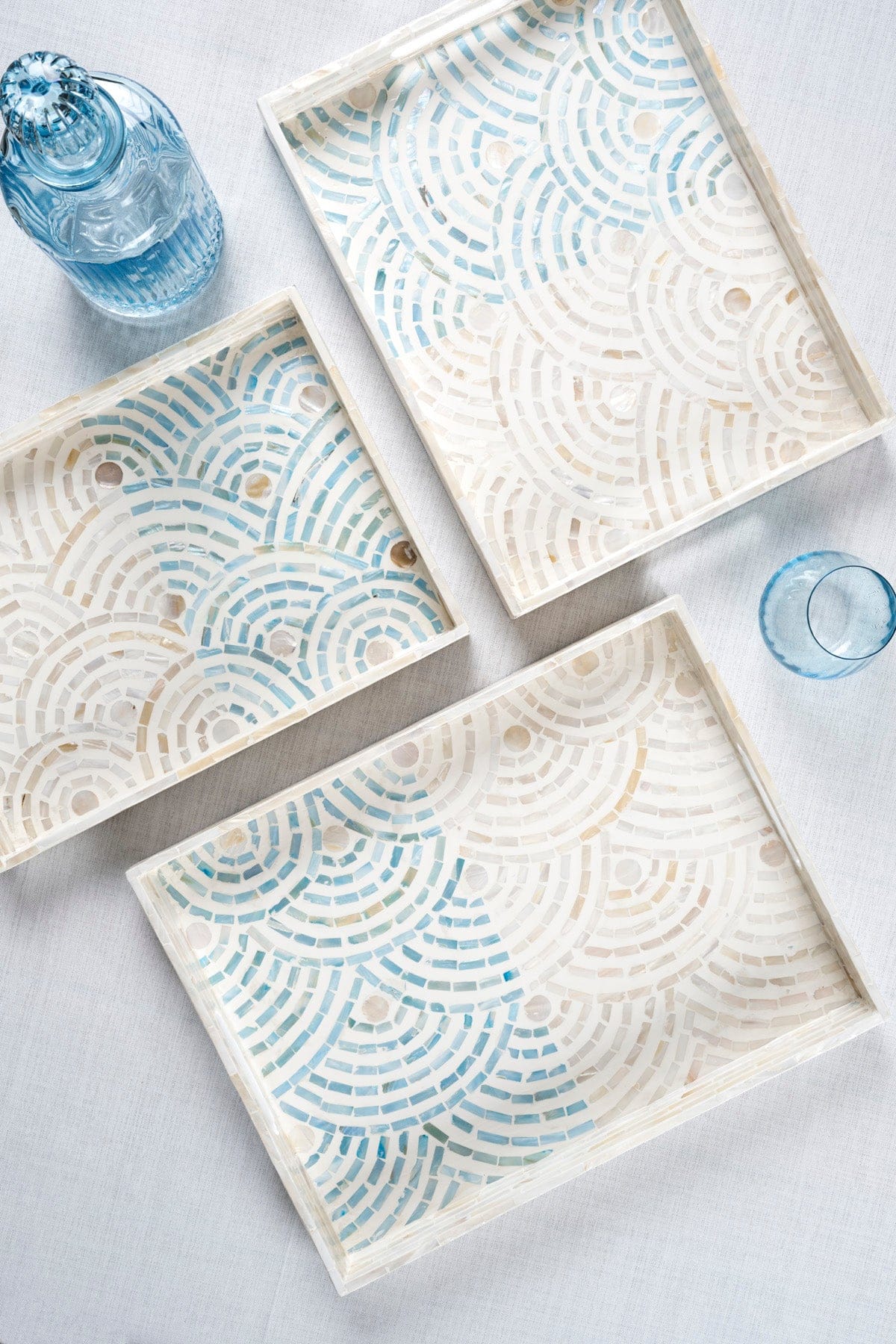 Meander Mother-of-Pearl Mosaic Cream Blue 3-Piece Decorative Tray 4328