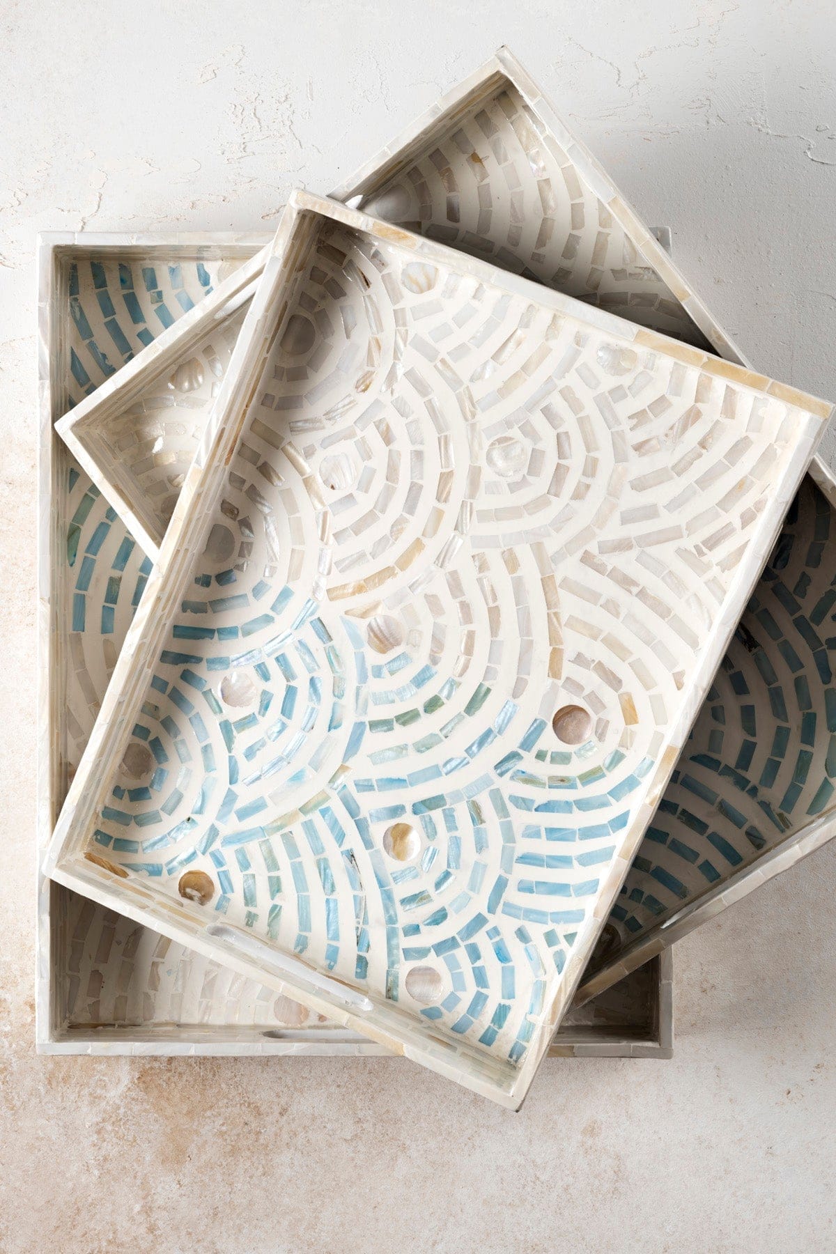 Meander Sedefli Mozaik Krem Mavi  3 Lü Dekoratif Tepsi 4328