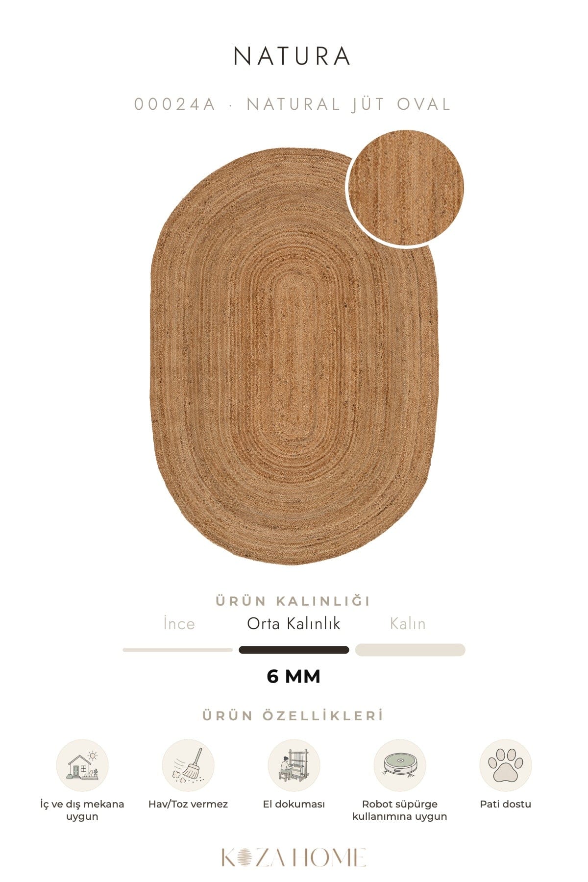Natura El Dokuma Jüt Bohem Tarz Otantik Salon Oturma Odası Koridor Yatak Odası Natural Halı 00024A