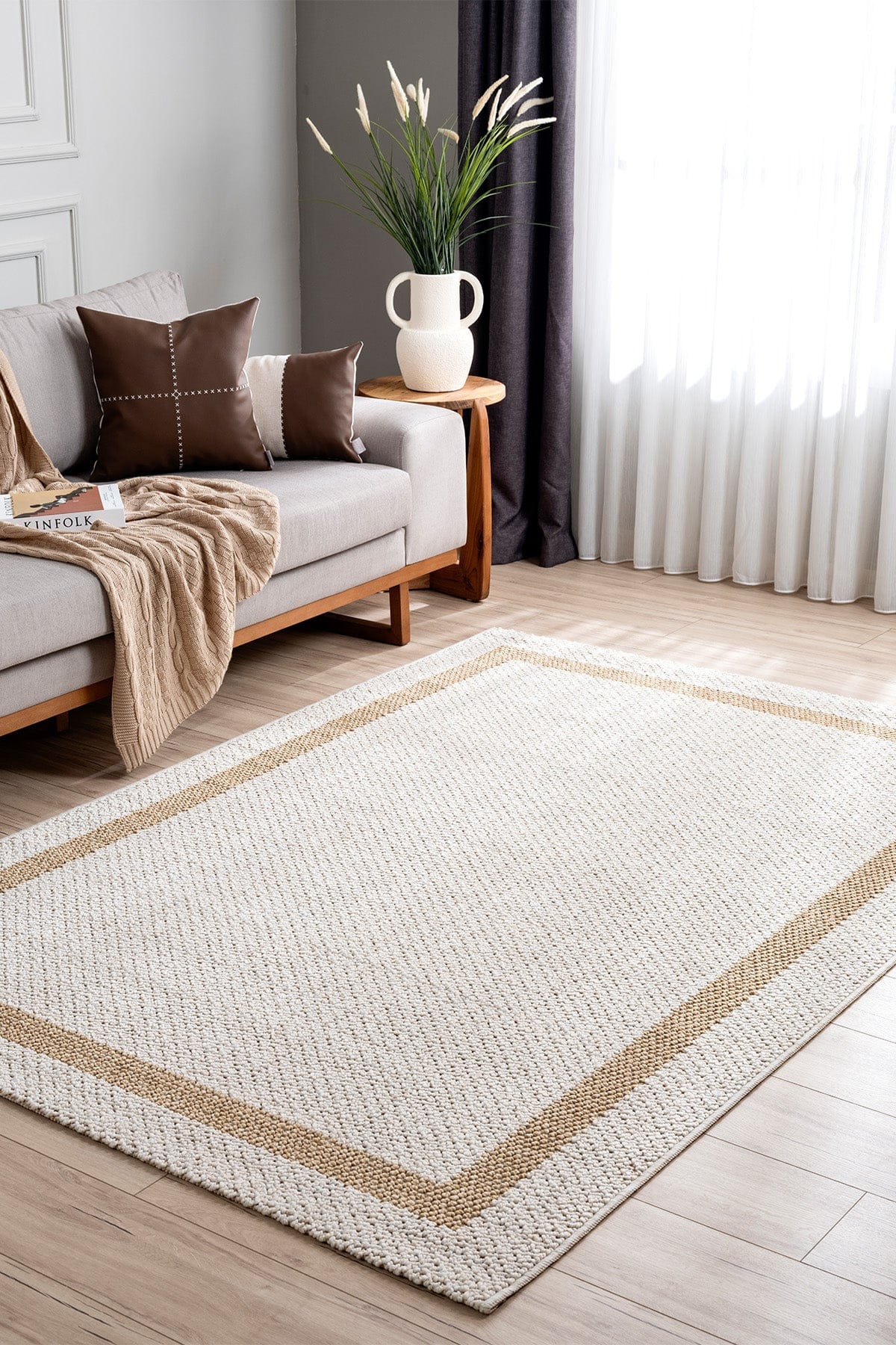 Retro Plain Cream Natural Bordered Rug A3234A