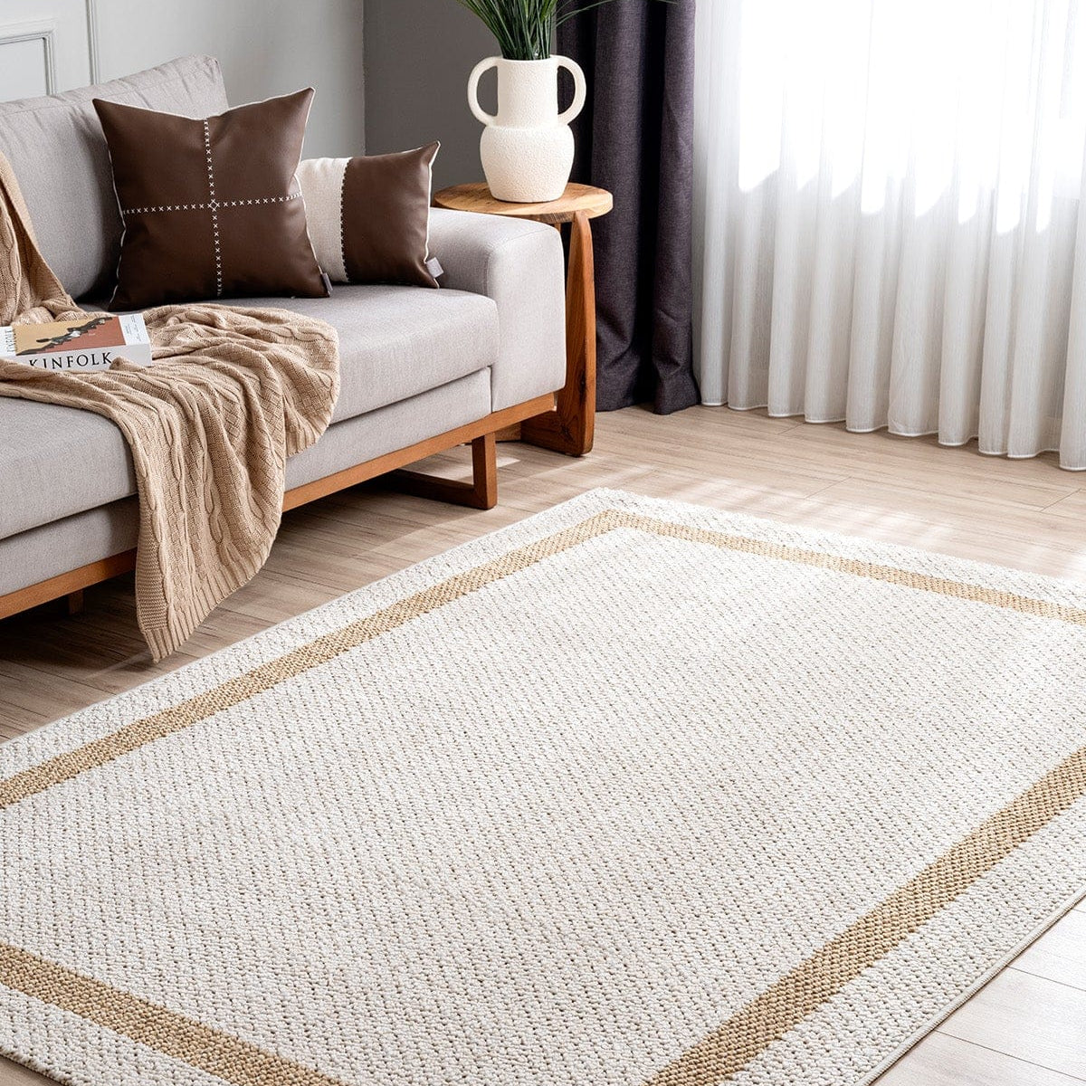 Retro Plain Krem Natural Bordürlü Halı A3234A