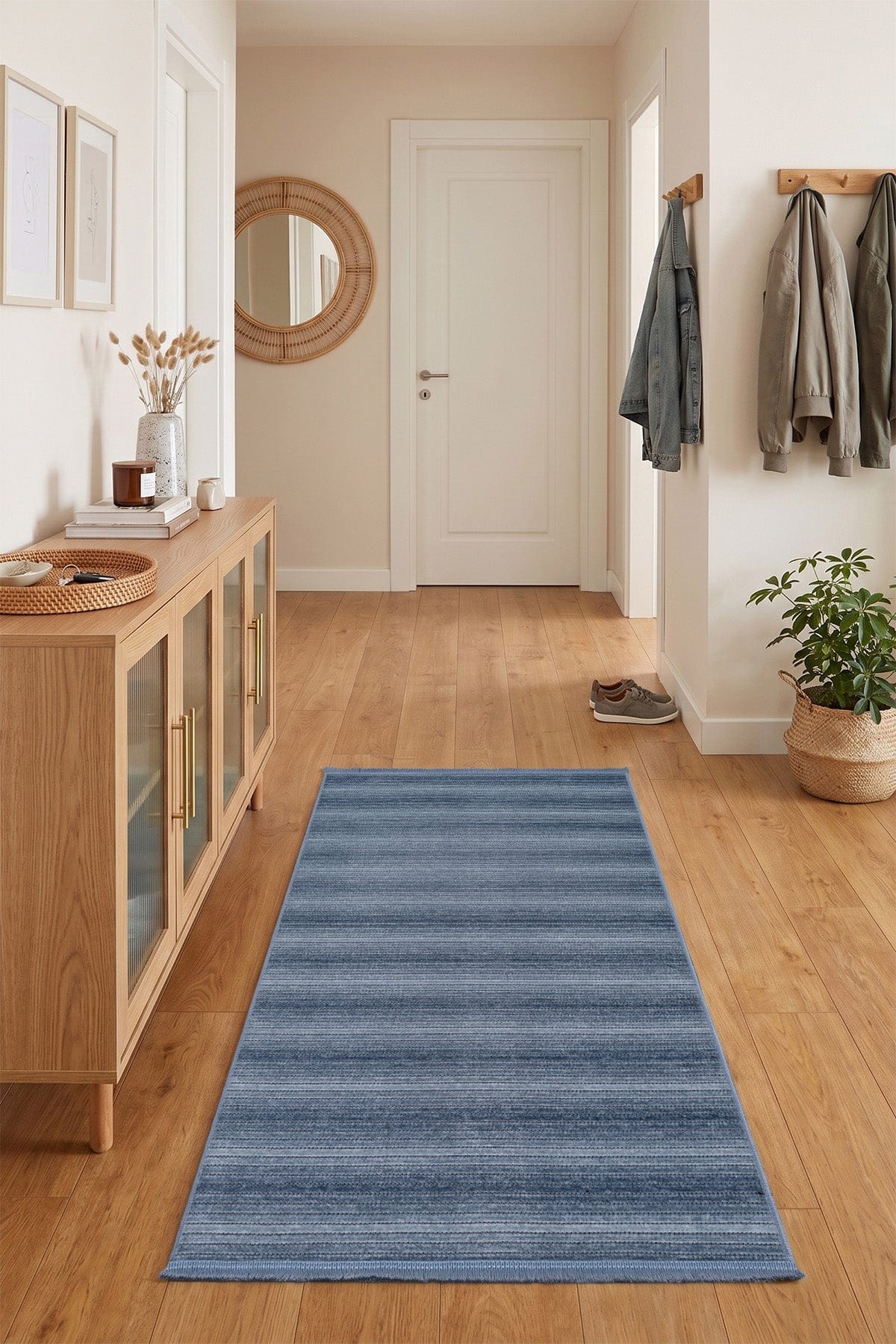 Stripe Mavi Kilim Kaymaz Taban Yolluk 33013Y